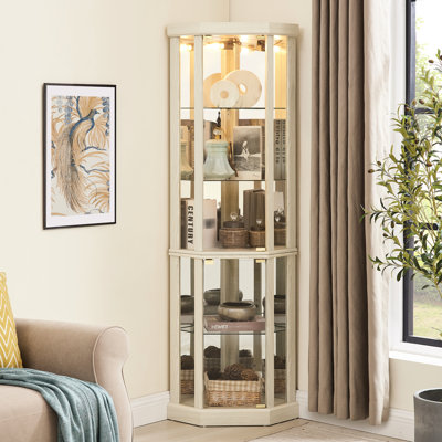 Lighted Display Case, Antique White Finish, + Glass, 16.67 In. Depth, Eye-catching Corner Cabinet, White, And Adjustable Shelves For Optimal