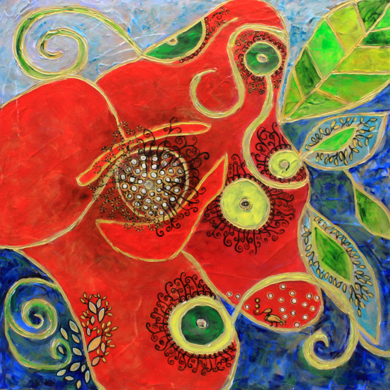 «Quenby Ruby Door Poppy And Juggler», reproduction sur toile tendue, H 36 po x l 36 po, Cadre flottant doré, Non