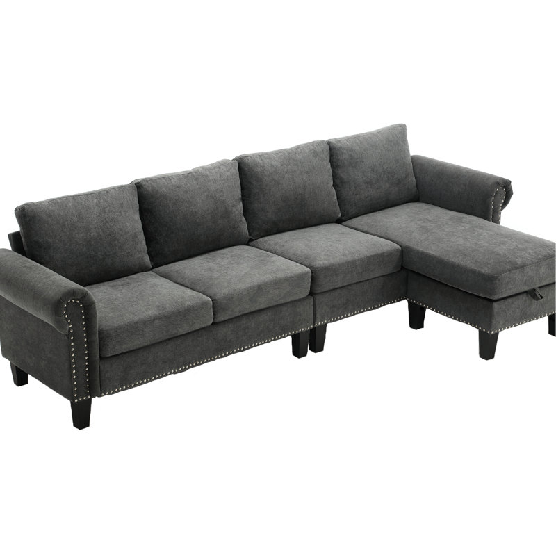 Canapé modulaire gris avec rangement, 4, convertible, tissu en lin, structure en bois avec 4 rangements, tissu moderne, Gris