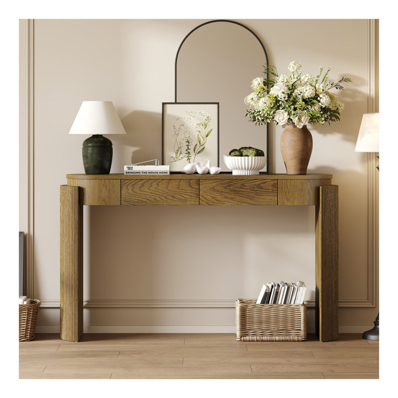 Table d'entrée avec finition grain de bois naturel, console avec conception cannelée, plateau ovale et 2 tiroirs pour le vestibule et le salon (bois de pin)