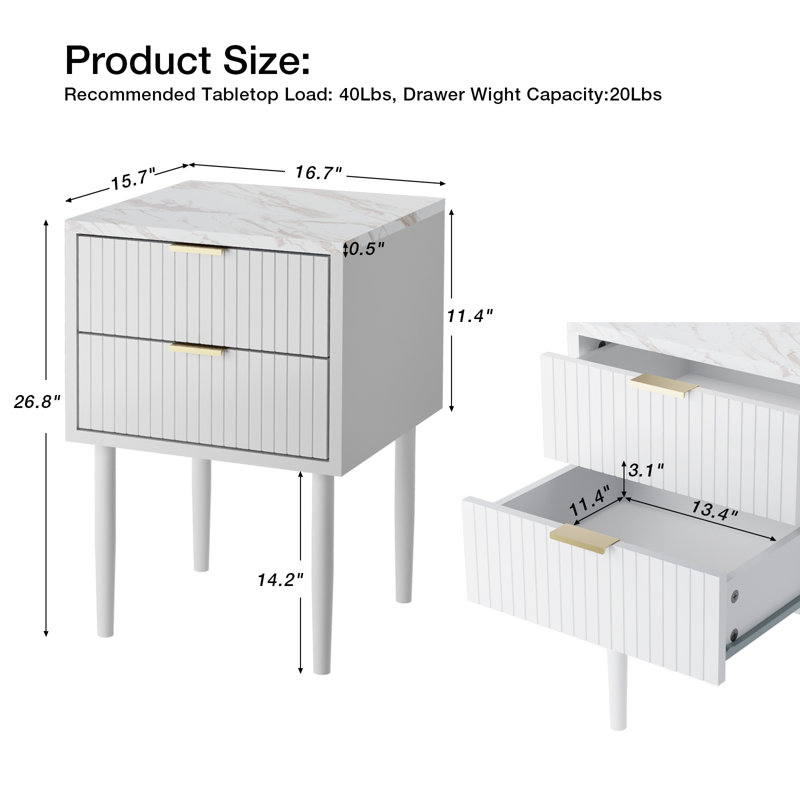 Azeez 2 Drawer Bedside Table, White Marble