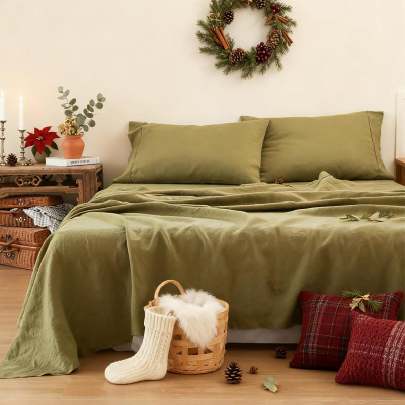Ensemble de draps 100% lin pur, Queen Sheet Set with 2 Pillowcases, Vert olive