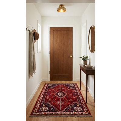 Tapis unique en laine noué à la main des années 2010 de 3 pi 5 po x 5 pi bleu / rouge / jaune Levell