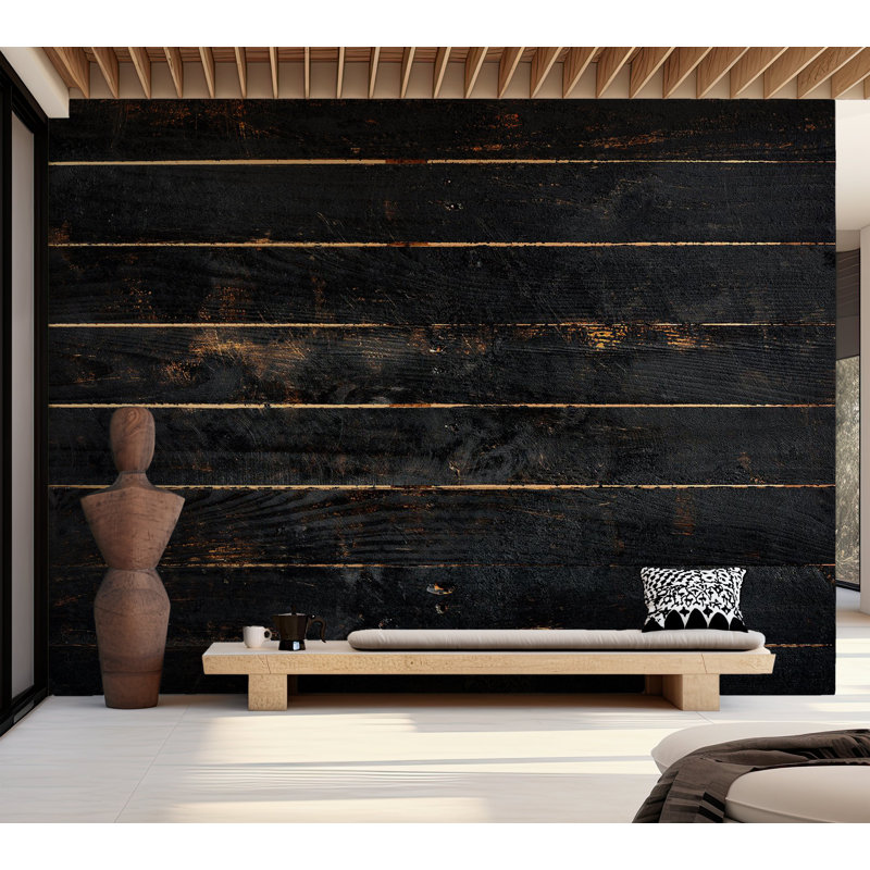 Papier peint texture de surface - Vieilles planches horizontales noires, L 68 po x l 98 po