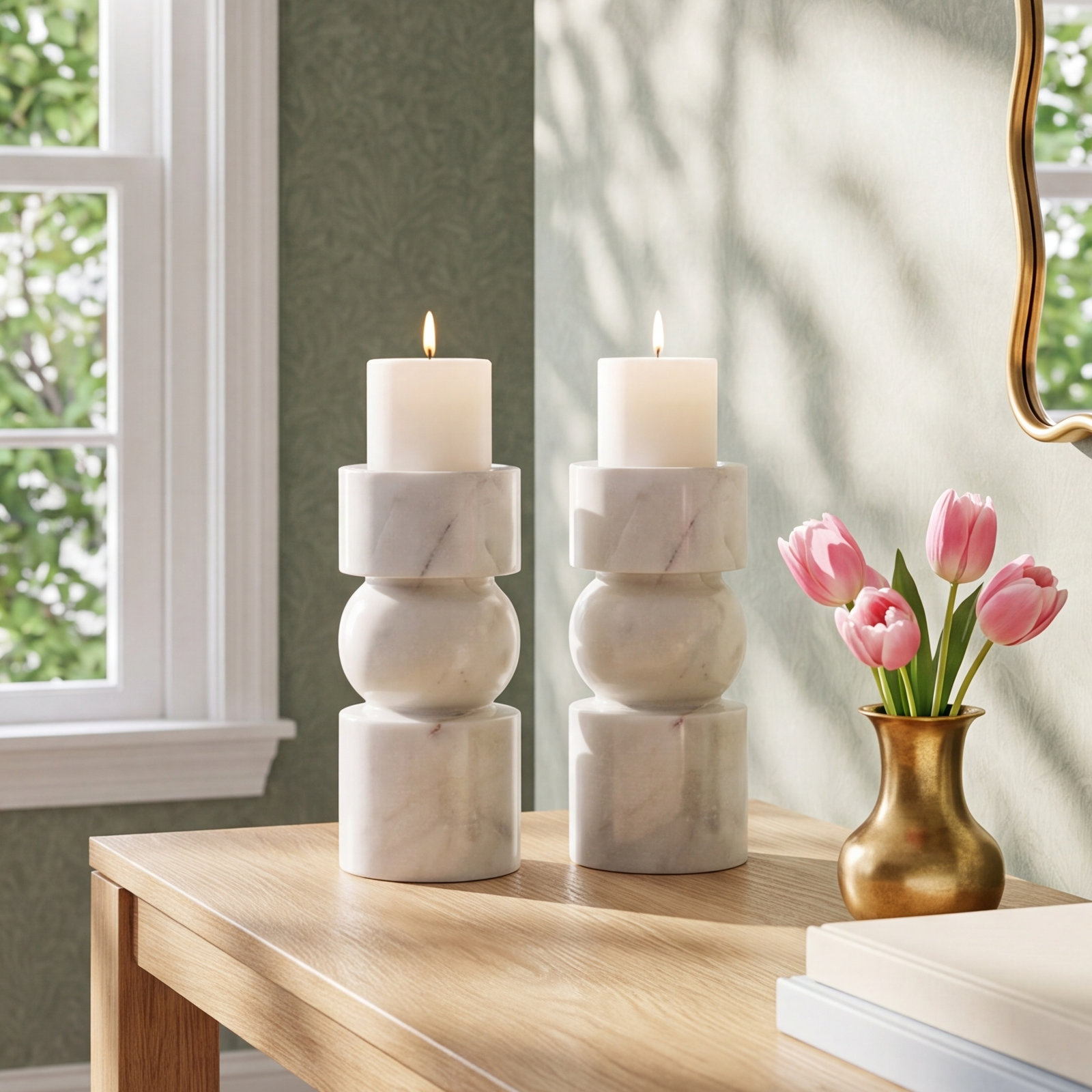 Keaton 2-Piece Genuine Marble Pillar Set, 8" H x 3.75" W x 3.75" D