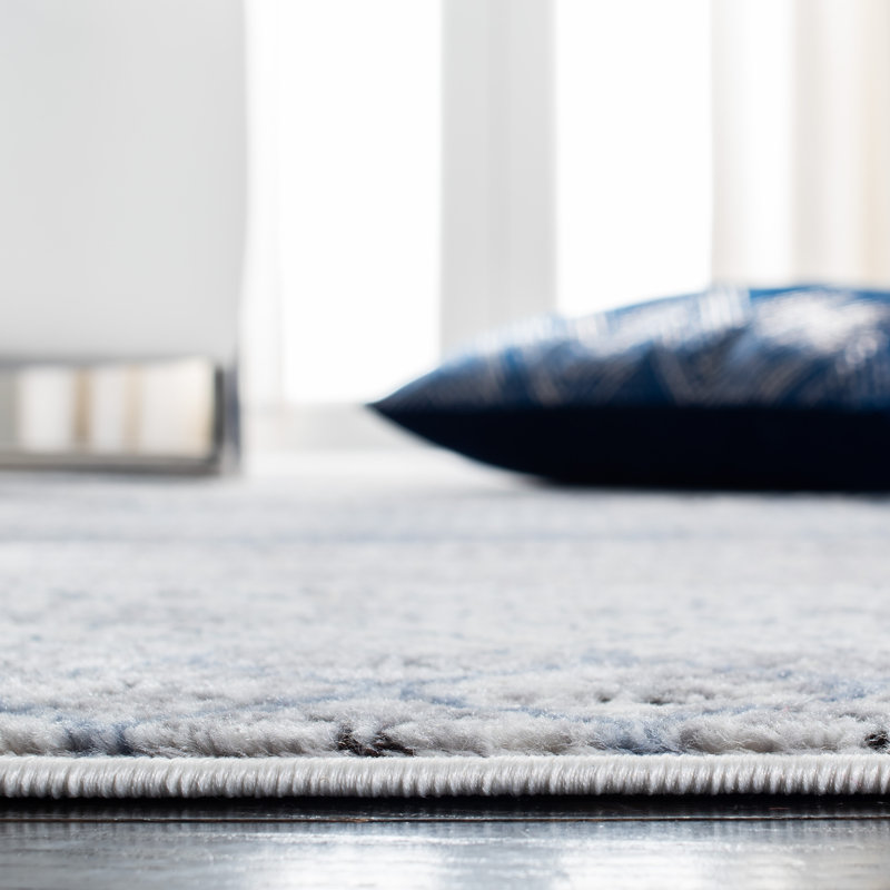 Grey and Light Blue Hand-Knotted Rectangular Synthetic Rug