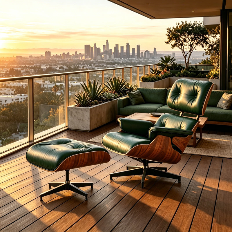 Fauteuil d'appoint et repose-pieds Modern, Green Leather