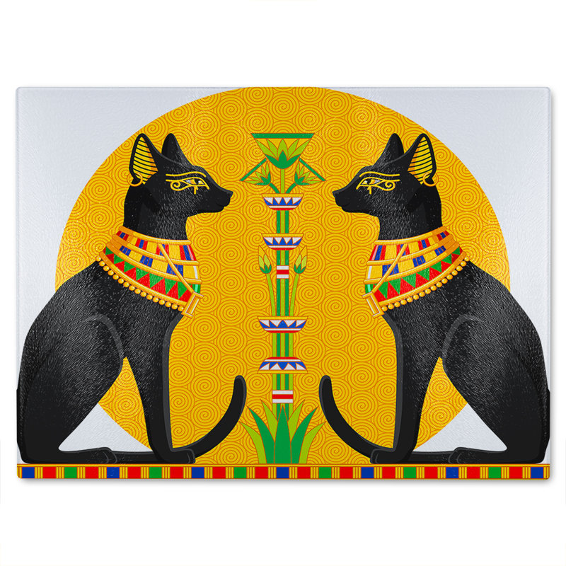Illustration Of Egyptian Cats With Papyrus Glass Chopping Board, 40cm L x 28cm W