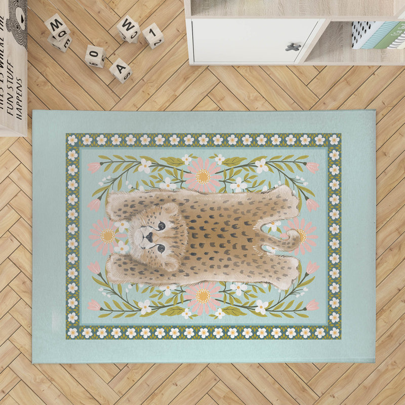Lil Lying Leopard Flowers Kids Play Mat, Blue, Rectangle 5' x 7'