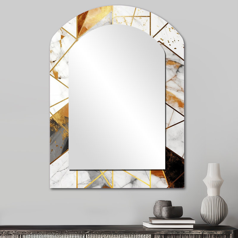 Exploration de la symétrie abstraite dorée V - miroir mural unique à arche géométrique, miroir asymétrique moderne, impression d'art en métal