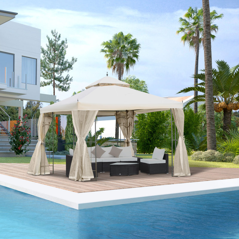 Steel Outdoor Garden Gazebo with Mesh Curtains, 10 x 10 ft