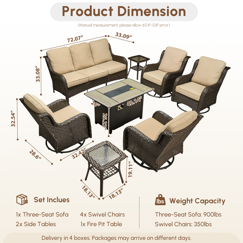 Ensemble de conversation d'extérieur en osier pour 7 personnes avec chaises berçantes pivotantes et table de foyer Adams