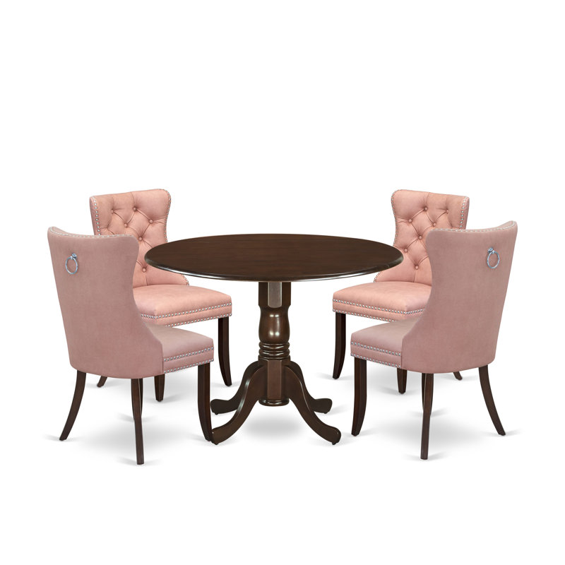 5 Piece Dining Table Set Contains a Round Kitchen Table with Dropleaf and 4 Upholstered Chairs, Black, Beige/Black