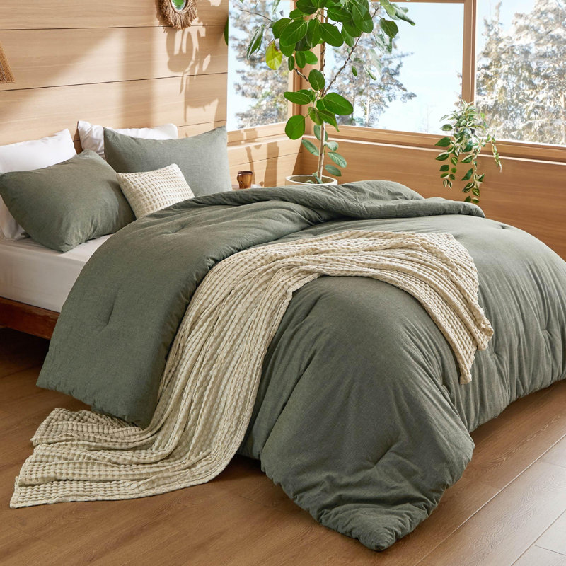 Cozy Winter Collection Bedsure 5 Pieces Cotton Comforter Set with Cotton Waffle Throw Blanket, Olive Green