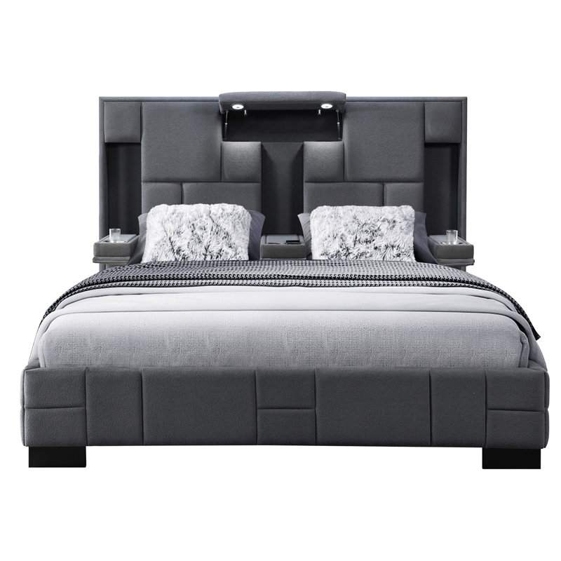 Grand lit moderne gris foncé pliable, recharge sans fil, lampes de lecture à DEL et système de haut-parleurs avec haut-parleurs Flavour