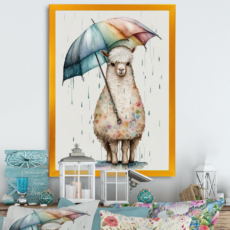 Mignon Liama avec parapluie, jour de pluie - lama animaux, impression sur toile, H 20 po x l 12 po x P 1 po