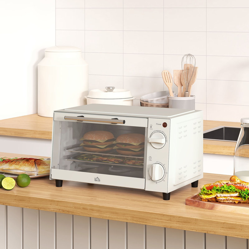 HOMCOM Mini Oven, 9L Countertop Electric Grill, Toaster Oven with Adjustable Temperature, Timer, Baking Tray and Wire Rack, 750W