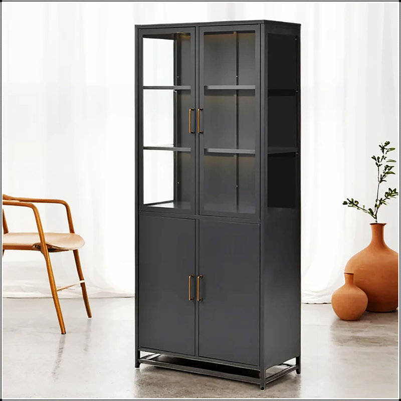 Modern Tall Glass Display Cabinet With LED Lighting, Reinforced Steel Frame, And Versatile Storage Solutions, Black