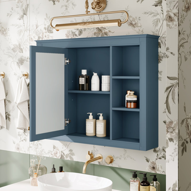 Armoire de salle de bain murale avec miroir et 6 tablettes ouvertes, Bleu indigo