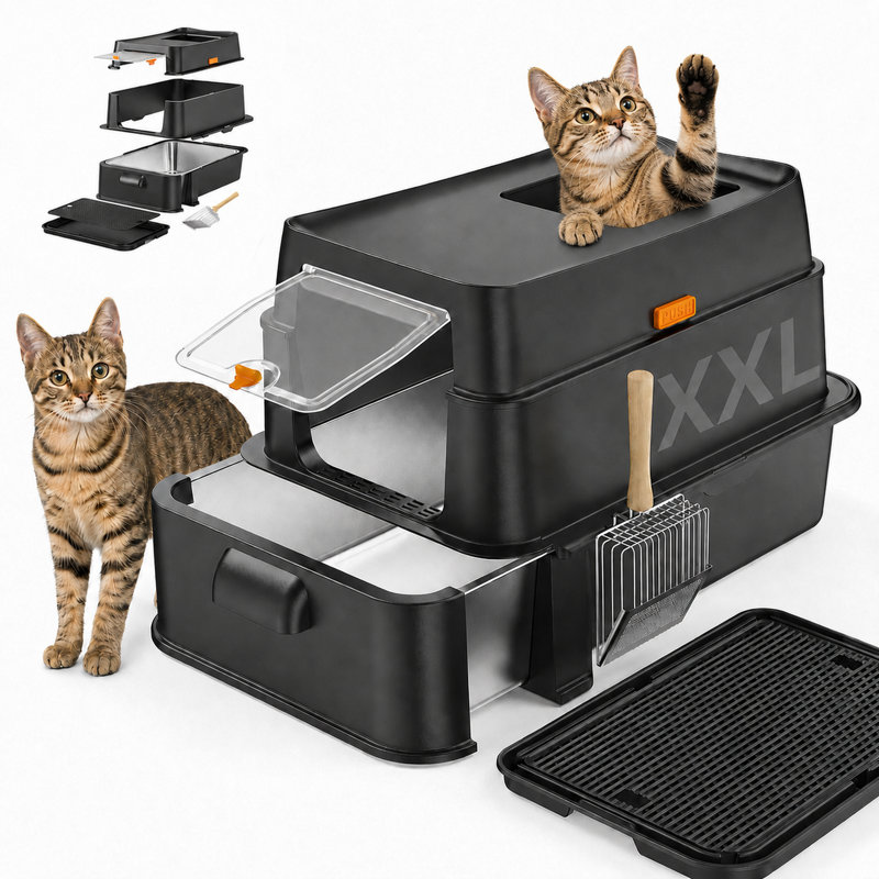  Litière pour chat en acier inoxydable avec tiroir, très grand, noir, Noir