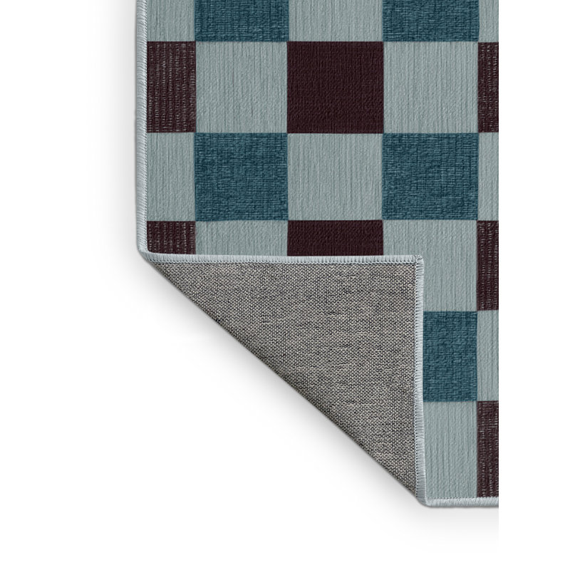 Machine Washable Checkered Blue Area Rug, Square 6'
