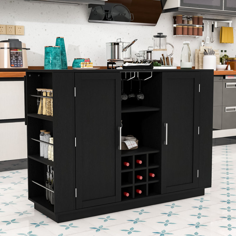 Table de bar à hauteur de comptoir avec abattant pliable et prise encastrée, armoire buffet avec porte-bouteilles, Noir