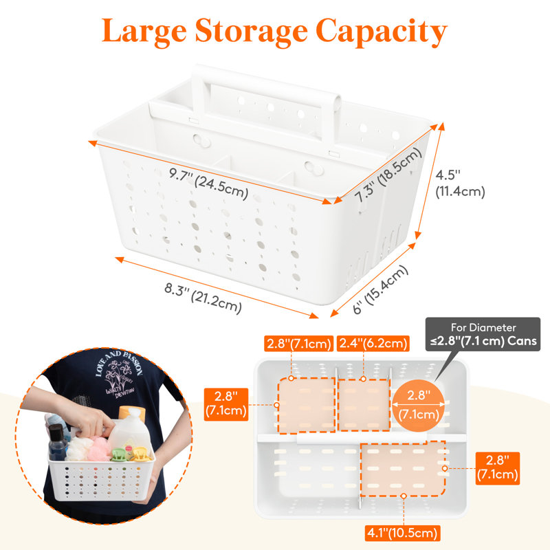 Support de douche portable, organisateur de salle de bain en plastique avec poignée et trous, panier de nettoyage dur pour le rangement des articles de toilette, College Dorm Essentials, blanc, 3 paquets