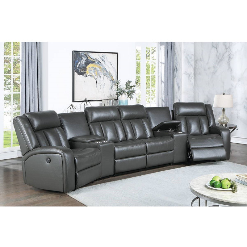 Faux Leather Reclining Curved Sectional Symmetrical, Gray