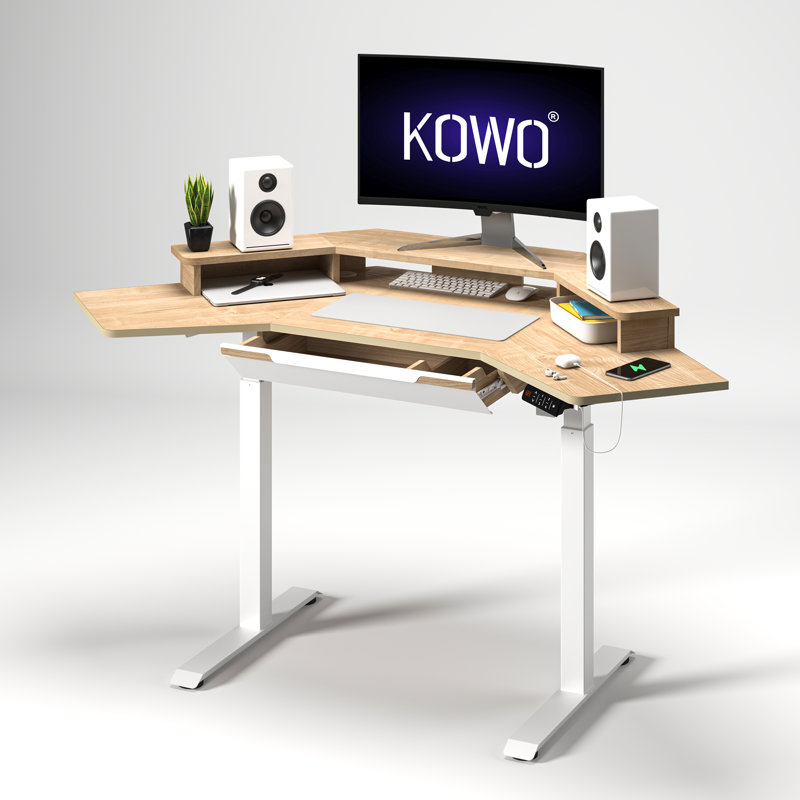 Adjustable Corner Standing Desk with Drawer, Monitor Stand, USB Hub, Wireless Charger for Home Office, White, Oak