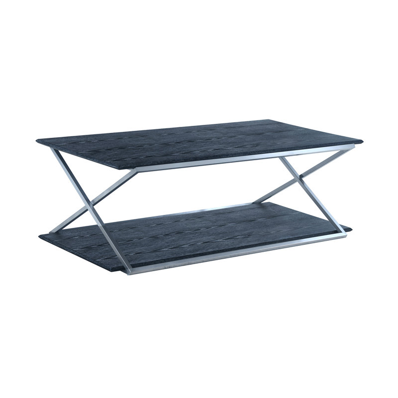 Table basse Gracie Mills en acier inoxydable noir et argent avec tablette de rangement transitionnelle de 51 po