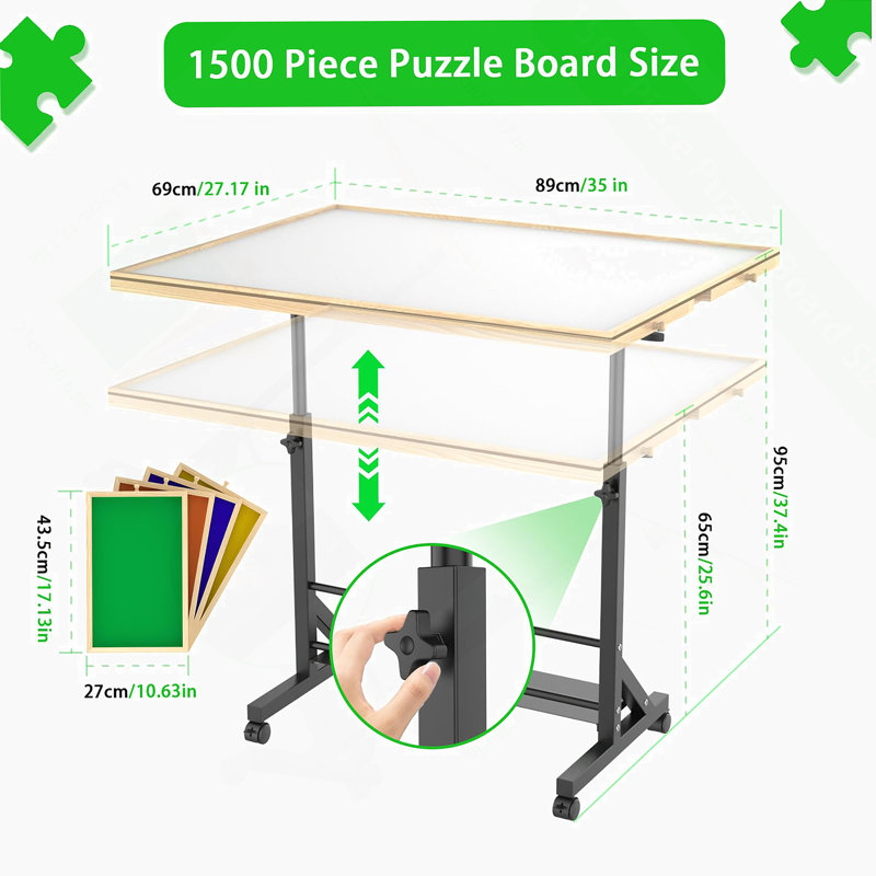 Table de casse-tête en bois 1500 pièces avec tiroir, table de casse réglable de 35 po x 27,17 po, table de casse inclinable à 360 ° avec pieds et roulettes, table de casse-tête roulante, hauteur et angle réglables, avec housse de protection