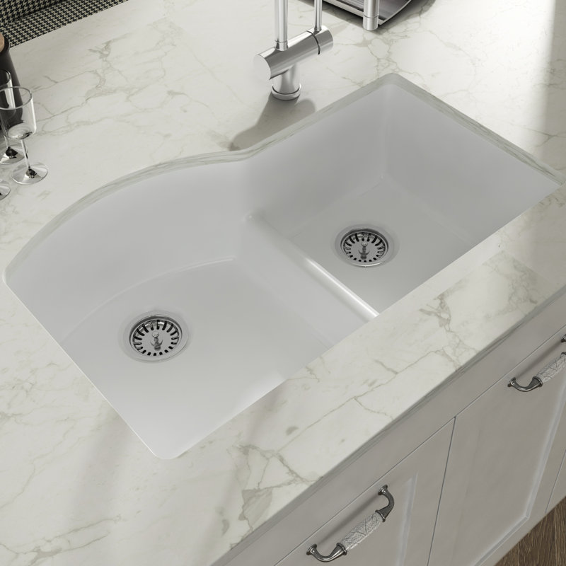 Yorkshire Fireclay 33" L X 21" W Double Basin Undermount Kitchen Sink With Grid and Strainer