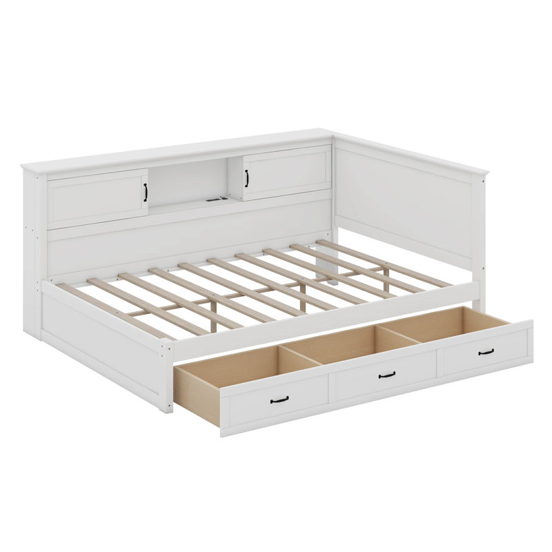 L-Shaped Bed Frame With Drawer And And Bookcase, Led Downlight, Full