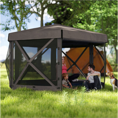 Tente de pavillon escamotable hexagonale 12 pi x 12 pi Outsunny avec 5 parois latérales, abri portatif extérieur imperméable avec rideaux, sac de transport, 5 cordes, 11 piquets pour le camping, le jardin, la terrasse