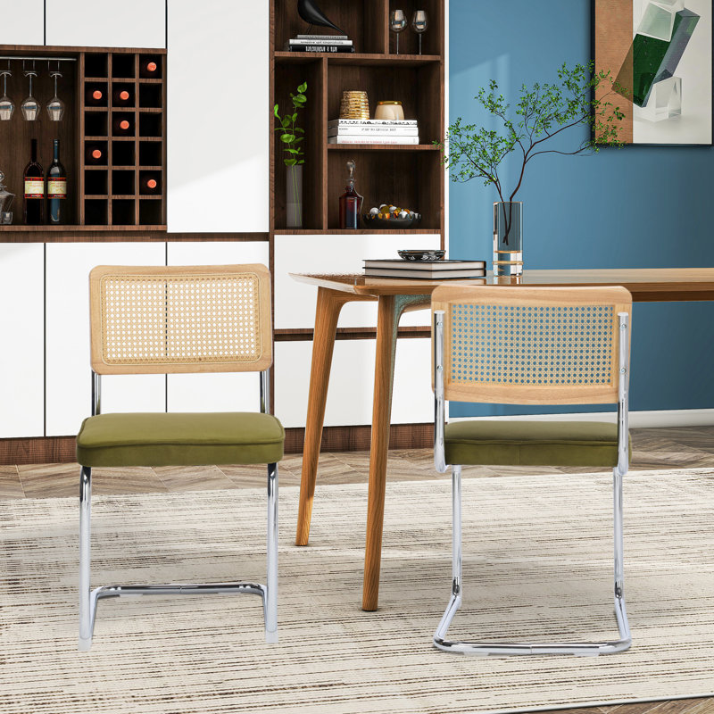 Rattan Backrest Upholstered Side Chair (Set Of 2), Olive Green