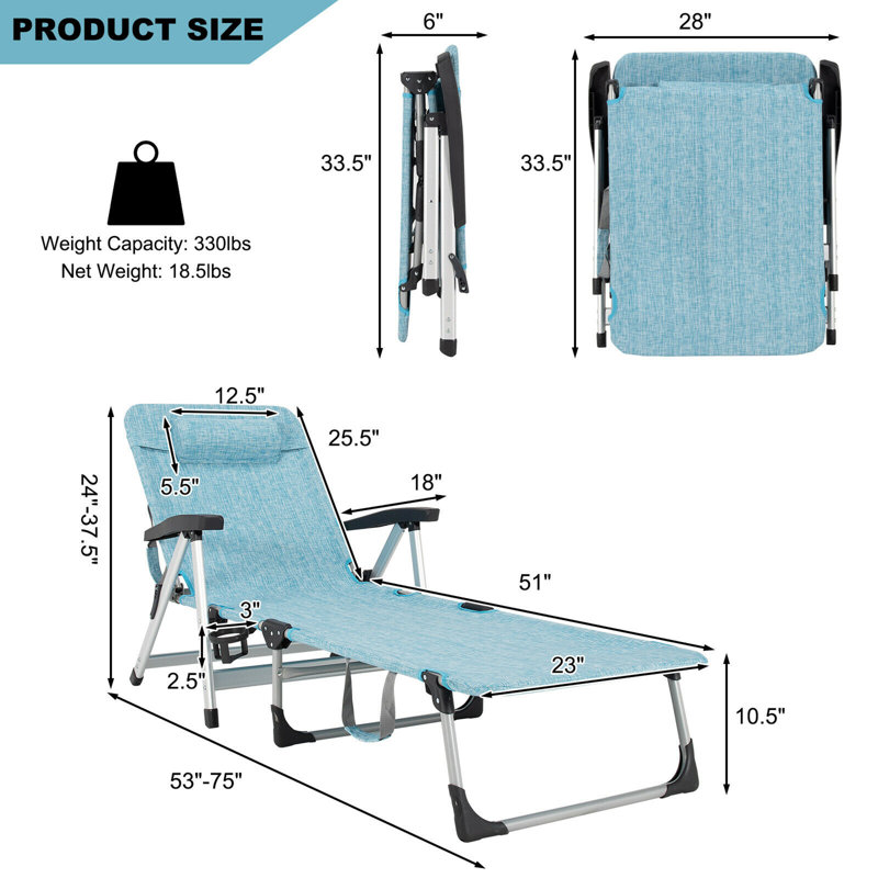 Chaise longue simple inclinable 53 po Dessence, Bleu