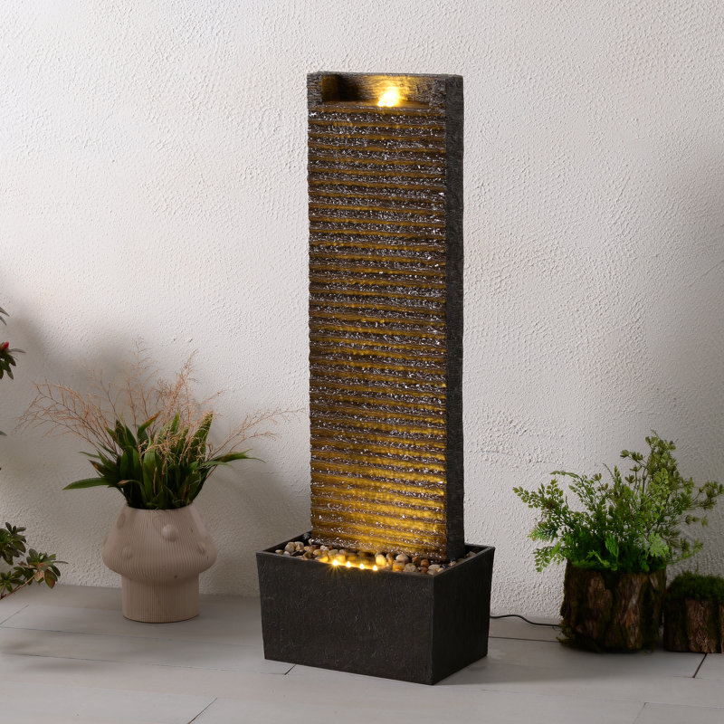 Fontaine d'extérieur à texture striée avec lueur DEL et pompe intégrée, Gris