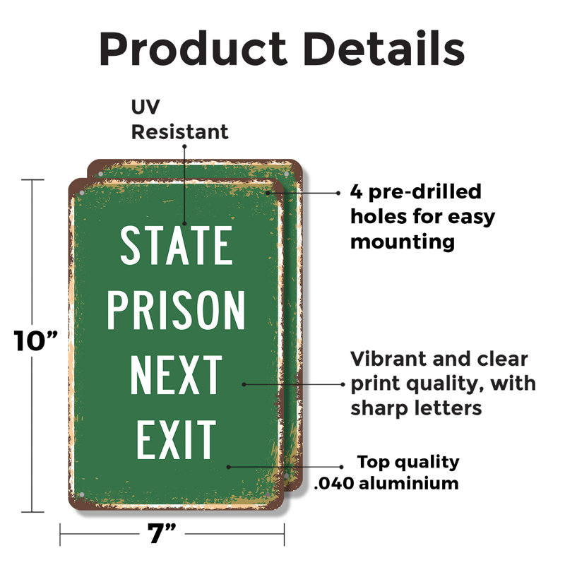 Enseigne en aluminium State Prison Prochaine sortie (paquet de 2) 7 po x 10 po