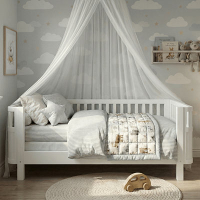 Low Profile Kids Platform Bed with Safety Rails, Removable Guardrail Toddler Bed Frame, Wood Slat Support, White, Twin