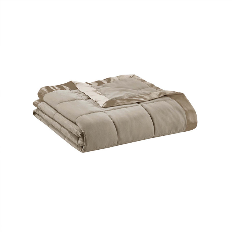 Couverture légère en duvet synthétique avec garniture en satin brun très grand, L 90 po x l 108 po, Brun