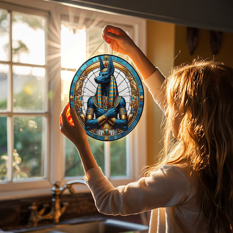 Panneaux de vitrail Anubis Vitrail Attrape-soleil pour décoration de fenêtre, 9,8 x 9,8 po (25 x 25 cm)