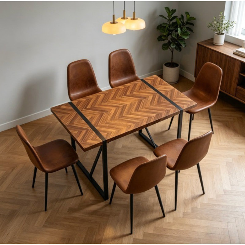 5-Piece Modern  Industrial Rectangular Wood Dining Set with Faux Leather Chairs, 7