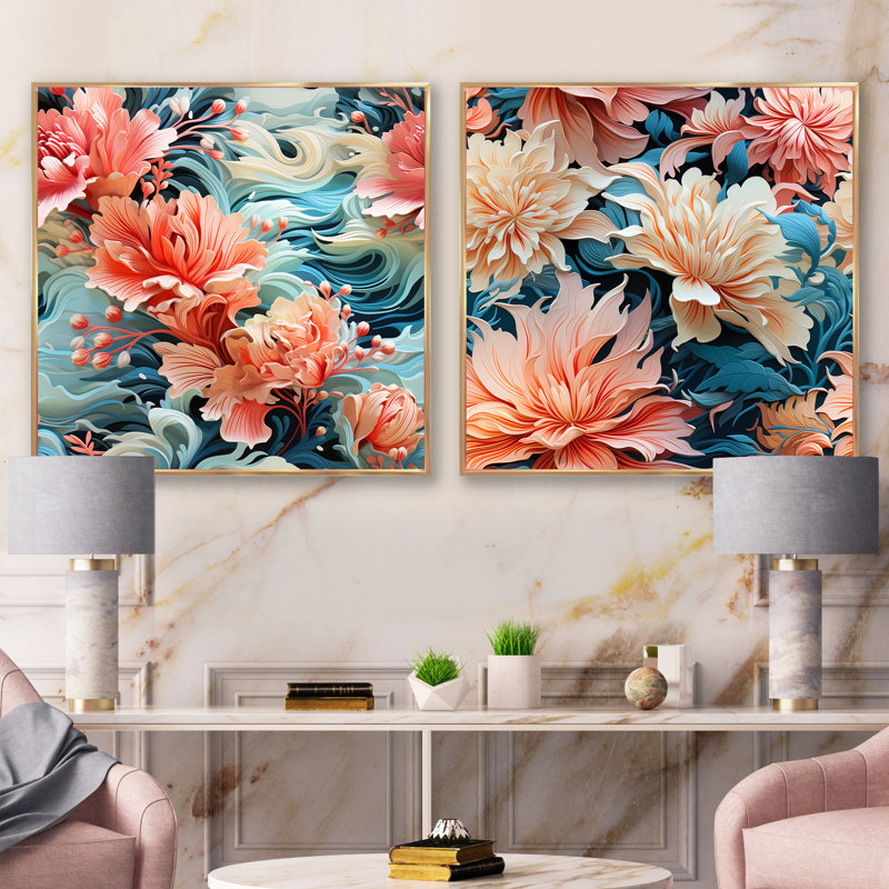 Midland - Ensemble de 2 collages carrés floraux, Cadre flottant doré, H 30 po x l 61 po