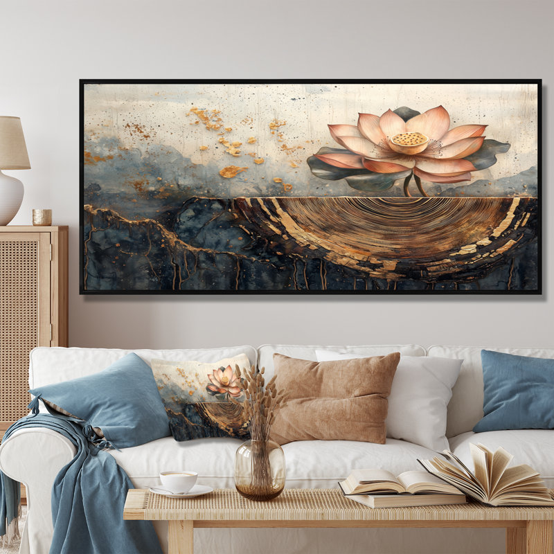 Fleurs de lotus Halsted, racines du lac - art mural Lotus, H 28 po x l 60 po, Impression encadrée flottante