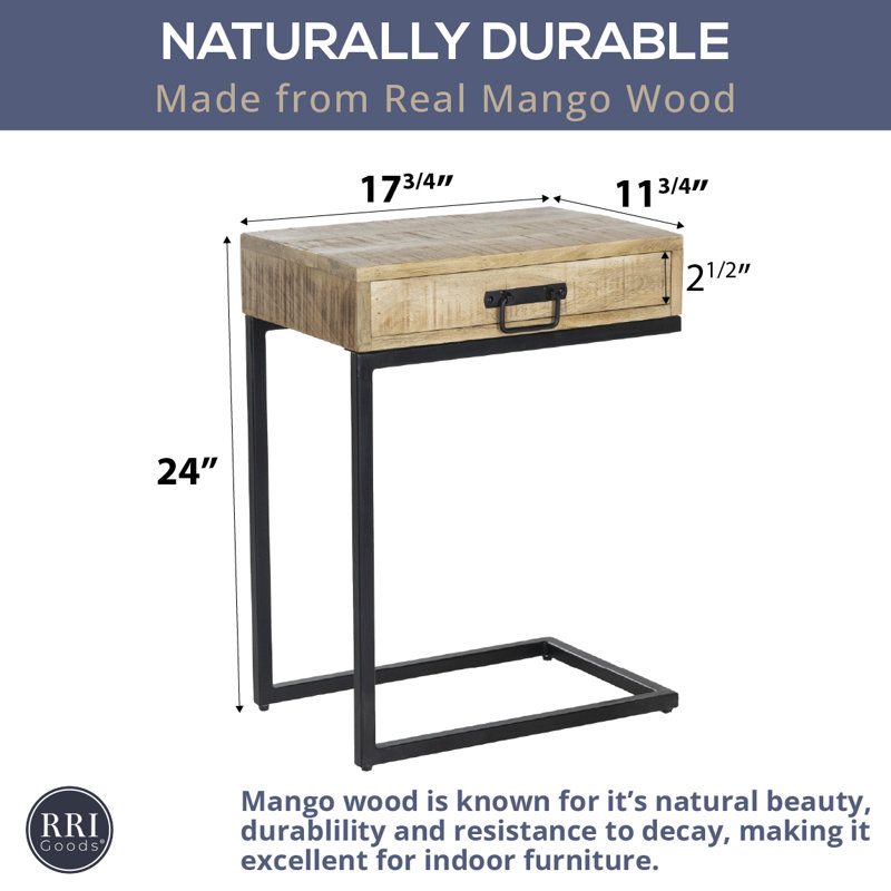 Table d'appoint en bois de manguier en forme de C avec tiroir, base en métal, table d'appoint rustique, 24 po de hauteur, assemblée