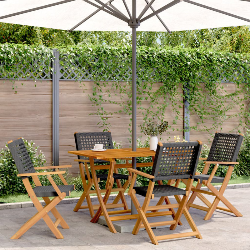5 Piece Garden Dining Set Poly Rattan And Solid Wood, Black