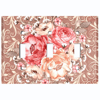 Metal Light Switch Plate Outlet Cover (Red Pink Rose Flower  - Triple Toggle)