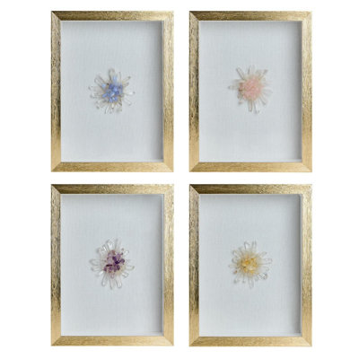 Set of 4 Gemstone Flower Shadow Box Art For Wall Display 15.75" H