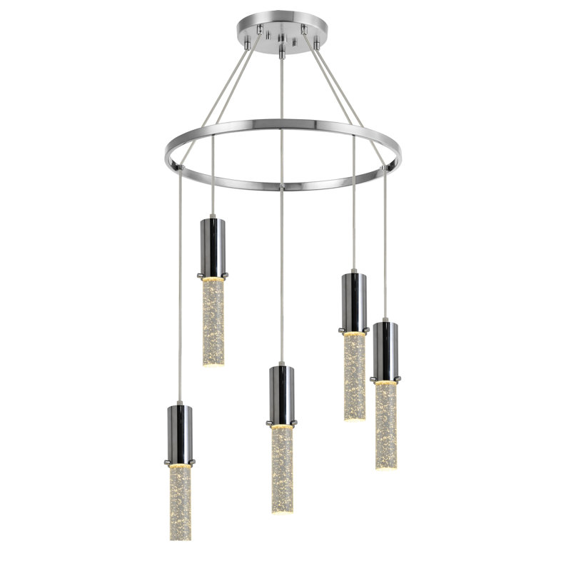 Luminaire suspendu cylindre grappe 5 lumières Paonia, Chrome