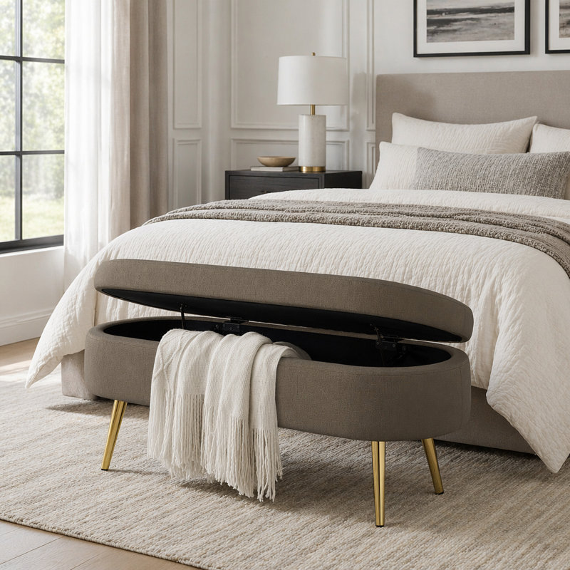Banc de rangement repose-pieds ovale en flanelle avec pieds en métal robustes pour un décor moderne et élégant, Brun